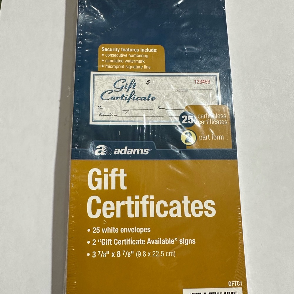 Adams Gift Certificates 2 Part Carbonless 25 with Envelopes